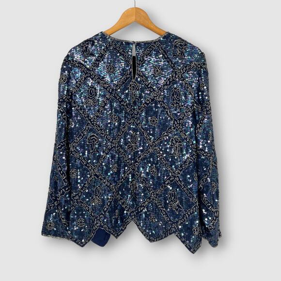 Vintage Nina Couture Sequin Silk Top Navy Blue Beaded Evening Blouse Large - Picture 2 of 6
